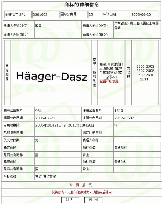 第3601603号“Haager-Dasz”文字商标 第3601603号“Haager-Dasz”文字商标